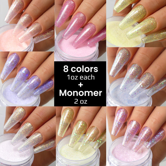 8 x 1oz Glitter Acrylic Powders + Monomer 2oz BUNDLE