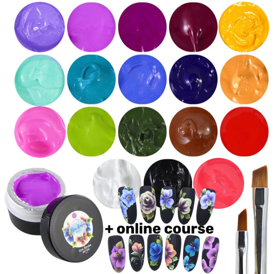 One Stroke Art Gel Bundle (18 x 15g) + 2 Brushes + FREE Online Course