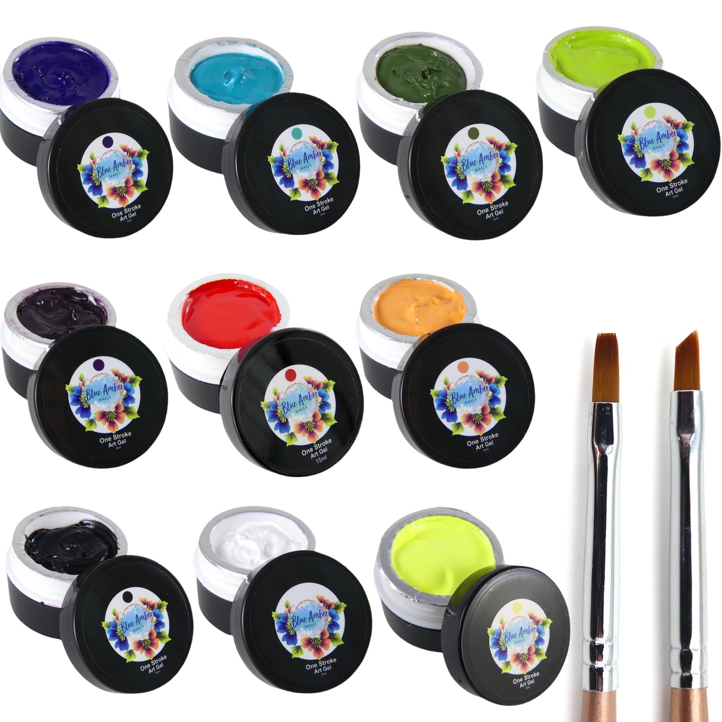 One Stroke Art Gel Bundle, 10 colors (15ml each) + 2 Brushes + FREE Online Course - My Little Nail Art Shop